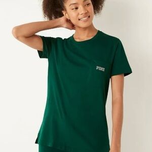 Victoria's Secret Pink Bling Campus Tee Shirt Dark Garden Green Silver Dog